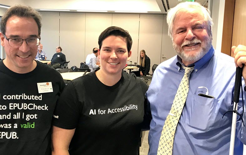 Charles LaPierre, Technical Lead, Benetech; Mary Bellard, Sr. Accessibility Architect, Microsoft; and Bryan Bashin, CEO, Lighthouse, participate in the hackathon.