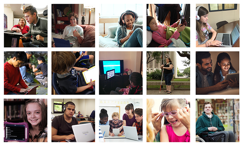 Image collage of Bookshare users using different devices like headphones, laptops, tablets, and AT devices.