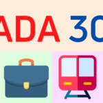 ADA 30 with icons a book and headphones, a brief case, a train, and a school building with a graduation cap.