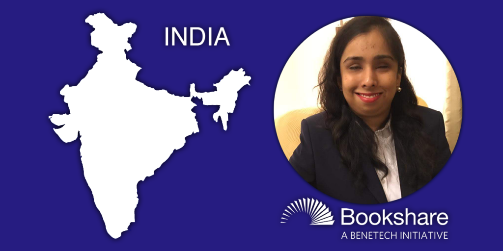 An outline of India is on the left and a photo of Sadaf Khan is on the right with the Bookshare logo underneath. 