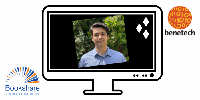 Mihir Parmar's photo appears inside a computer screen with Bookshare and Benetech logos on either side
