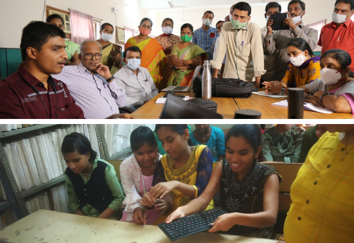 A collage of photos of students and teachers participating in digital literacy training.