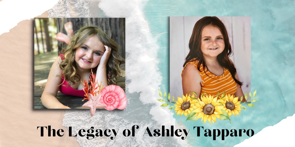 Two headshots of Ashley Tapparo with a birds eye view of the ocean waves splashing against the brown sand.