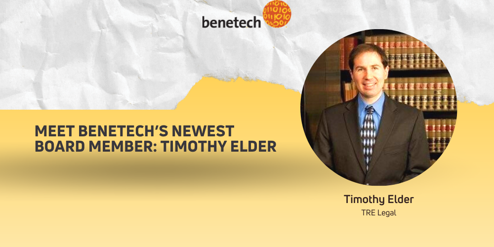 Social Graphic Image: Images, Timothy Elder Headshot, Text: Meet Benetech’s Newest Board Member: Timothy Elder. Benetech Logo.