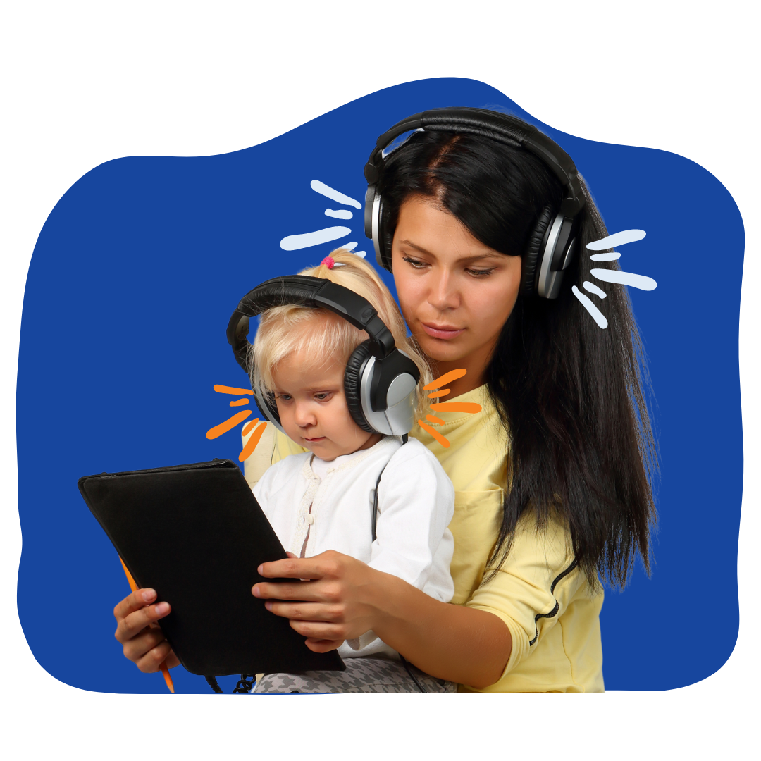 A parent and child with headphones using a tablet on Bookshare.