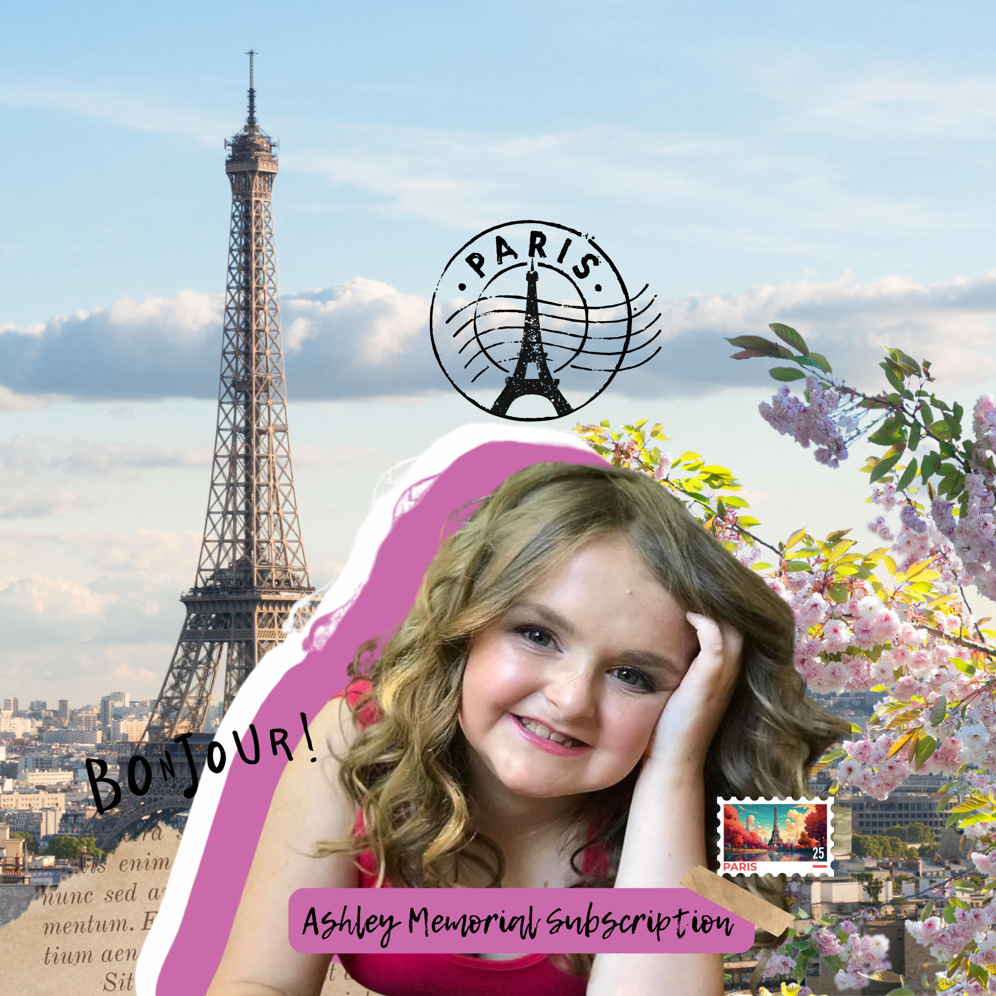 A social graphic post that features Ashley Tapparo as a headshot, center image. A background of the Paris skyline with Eiffel tower. The design resembles a post-card from paris. Ashley's image is surrounding by a pink and white shadow.