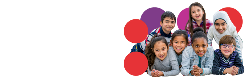 A diverse group of seven children of different ethnic backgrounds is lying on the ground, smiling at the camera. The background is black, with decorative red and purple circles and white accent shapes behind them.