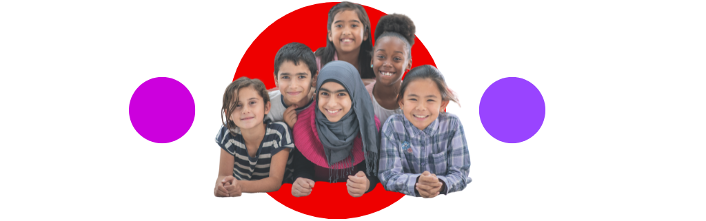 A diverse group of six smiling children leans forward together, looking at the camera. They are surrounded by a graphic design featuring a bold red circle, two purple circles, and white decorative elements. The children appear happy and engaged.