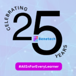 Colorful background with blues and purples. A big 25 number circled with celebrating 25 years. #ALLINFOREVERYLEARNER