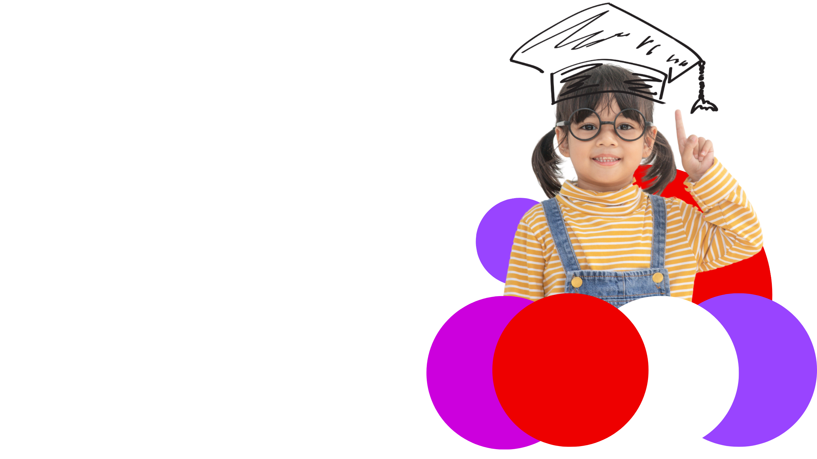 A young girl wearing glasses, pigtails, a yellow striped shirt, and denim overalls smiles while pointing upward. A hand-drawn graduation cap is illustrated above her head. She is surrounded by colorful overlapping circles in red, purple, and white. To the left, a quote reads:
"I remember thinking I would never learn how to read, but Bookshare put me in my own world, and I found out this is how everybody feels when they read."
— Emery L., 6th Grade Bookshare User