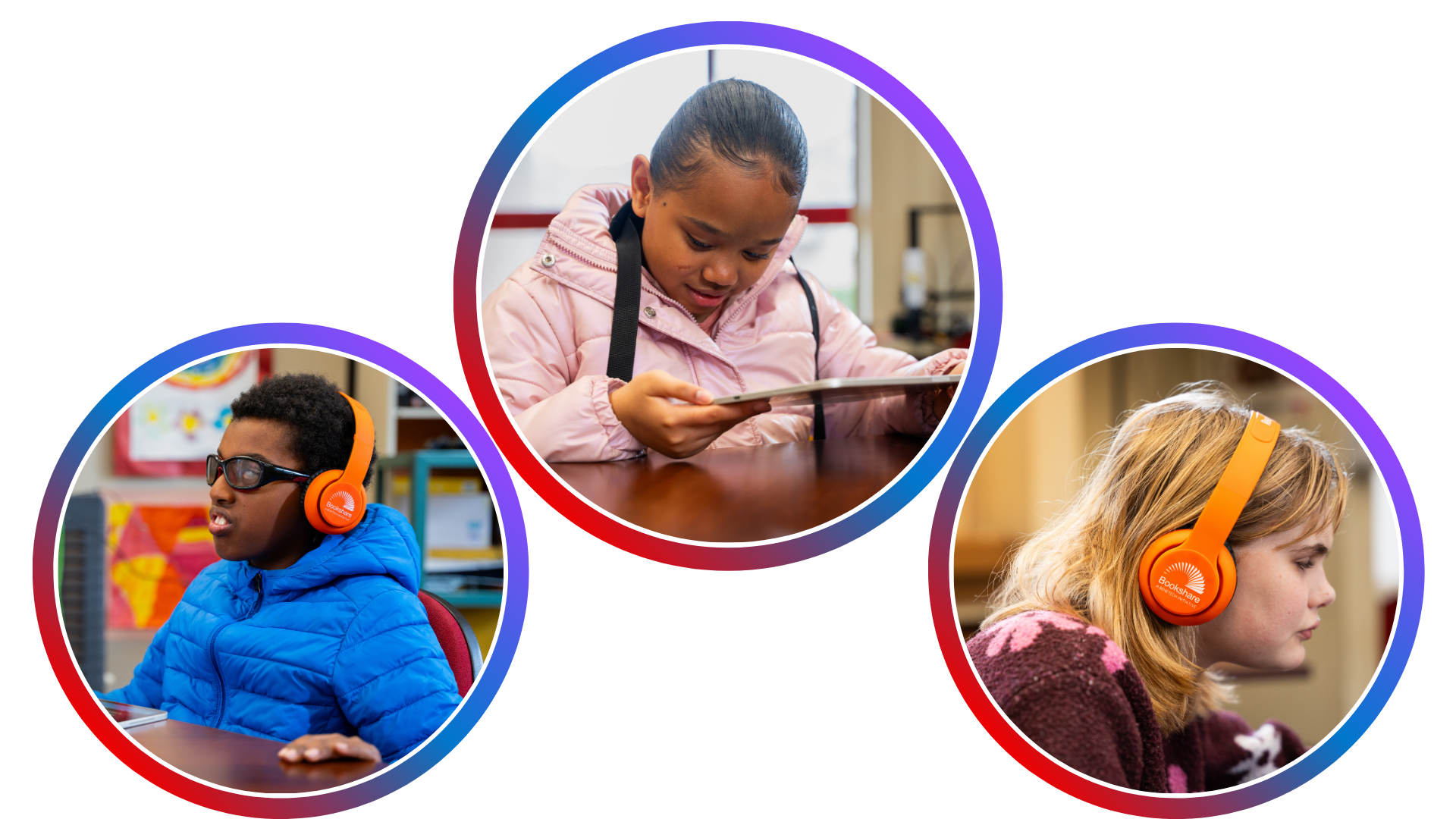 Three children engaged in learning. A boy wearing a blue jacket and orange headphones sits at a desk, a girl in a pink coat reads a book closely, and another girl with blonde hair and orange Bookshare headphones looks intently at a screen.”