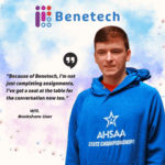 A young man named Will, a Bookshare user, smiles while wearing a blue hoodie that says “AHSAA State Championships.” Next to him is a quote that reads, “Because of Benetech, I’m not just completing assignments, I’ve got a seat at the table for the conversation now too.” The Benetech logo appears at the top of the image against a soft blue and pink gradient background.
